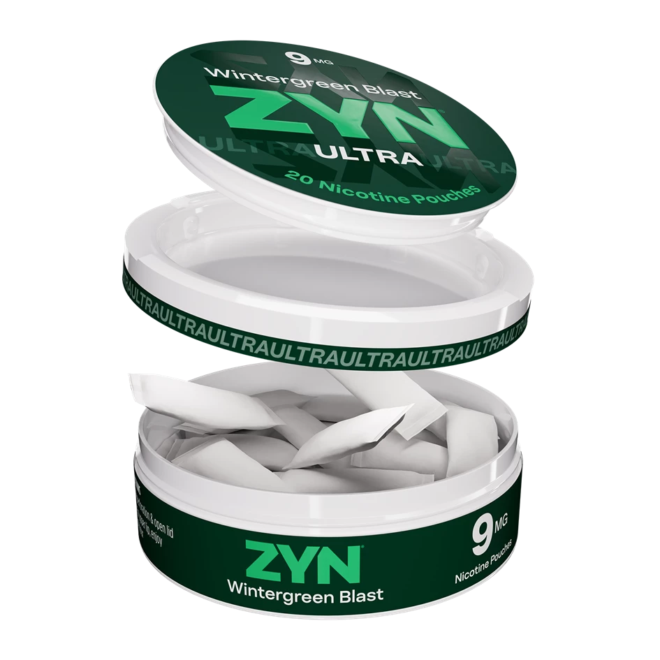 ZYN Ultra Wintergreen Blast 9mg nicotine pouch can with open disposal lid and pouches