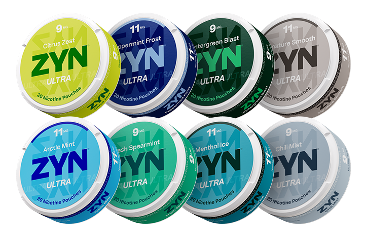 Eight ZYN Ultra nicotine pouch varieties in 9mg and 11mg options